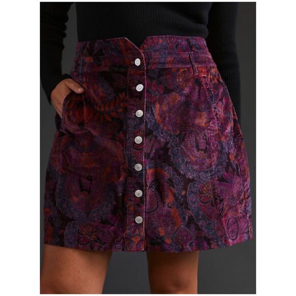 PILCRO AND THE LETTERPRESS Corduroy Button Front Mini Skirt Floral Pink Purple